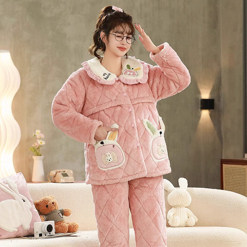 三层夹棉珊瑚绒月子服冬季产后加厚加绒孕妇睡衣秋冬款怀孕期哺乳
