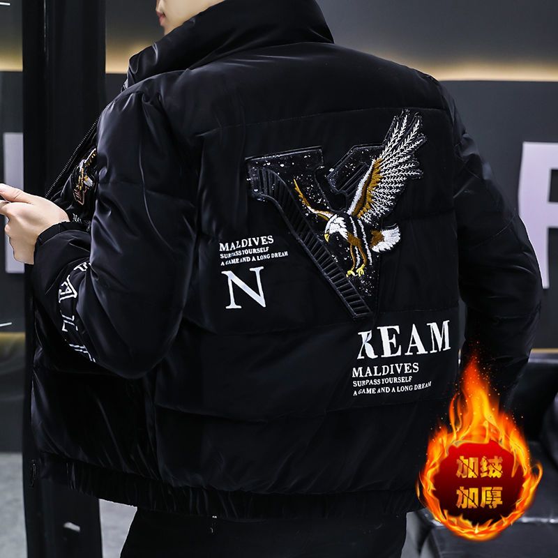 男士外套秋冬季青年防风棉服潮流时尚立领亮面短款保暖棉袄刺绣男