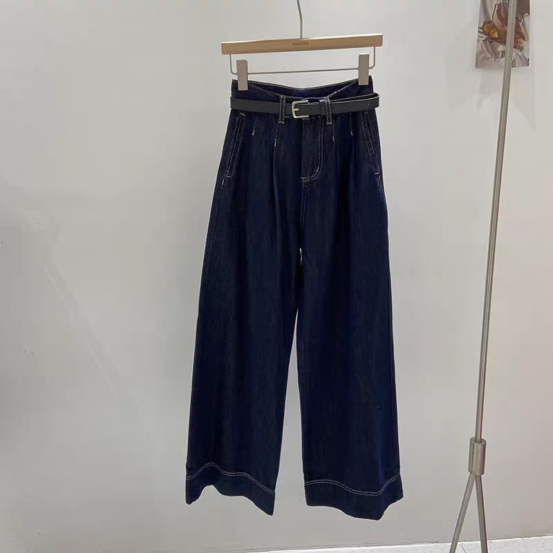 港风复古蓝色高腰直筒裤子牛仔裤女秋季新款显瘦阔腿裤长裤