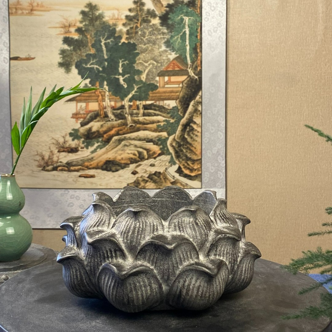 绛石記青石雕刻三层莲花石盆仿古复古家居桌面乔迁送礼家居摆件