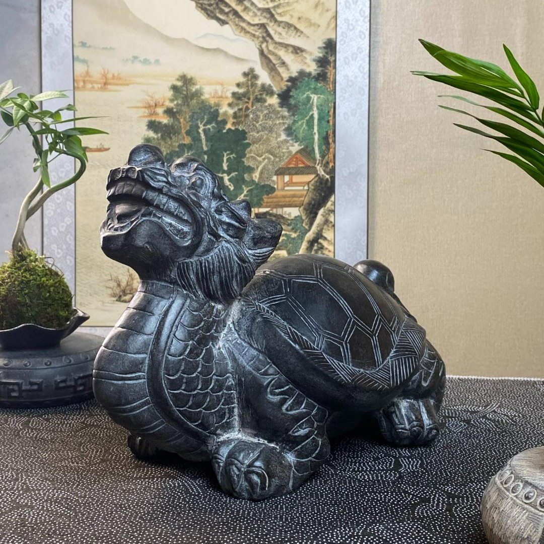绛石記青石石雕龙龟茶室居室玄关摆件鱼缸