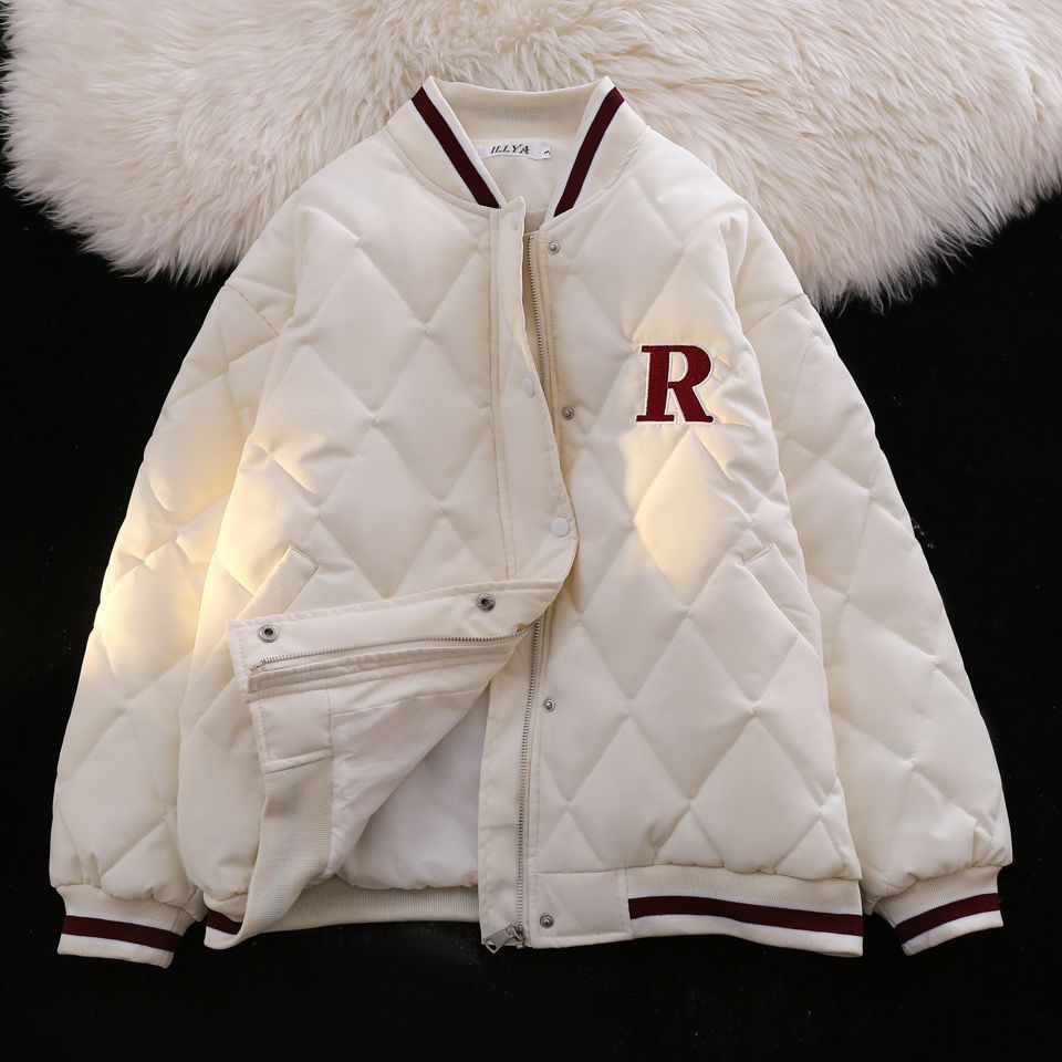 雪中飞菱格夹棉棒球服秋冬宽松美式加厚撞色螺纹拼接字母刺绣男女