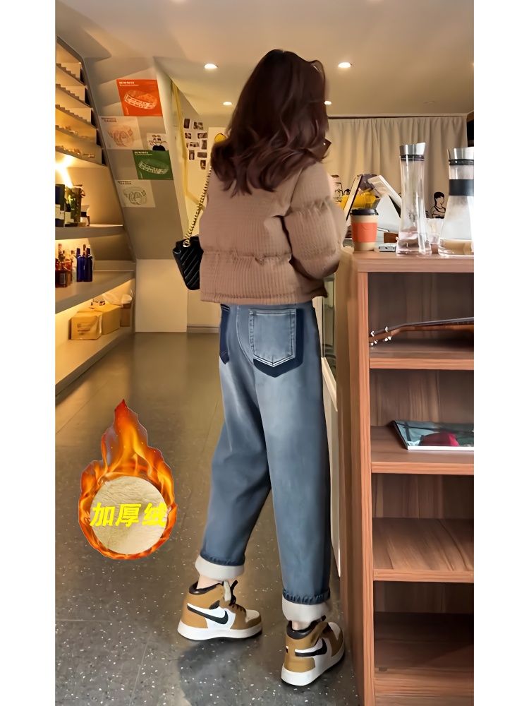 高腰直筒加绒加厚牛仔裤女2023年冬季新款宽松显瘦九分阔腿哈伦裤