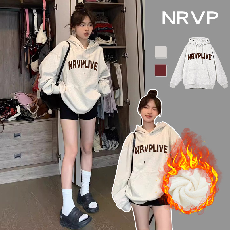 复古印花chic字母连帽卫衣女装秋冬季加绒加厚长袖宽松保暖上衣潮