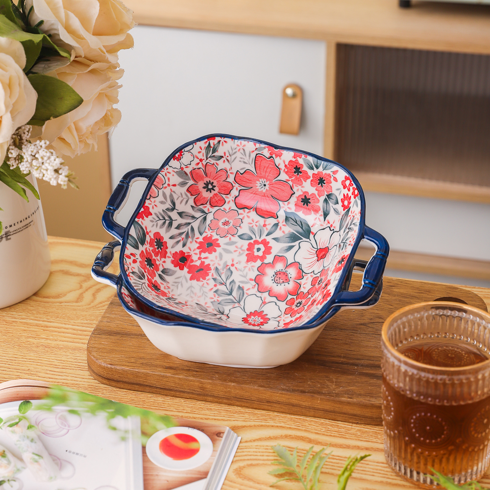 七里香系列小清新高颜值家用陶瓷餐具8.5英寸竹柄双耳四方深碗