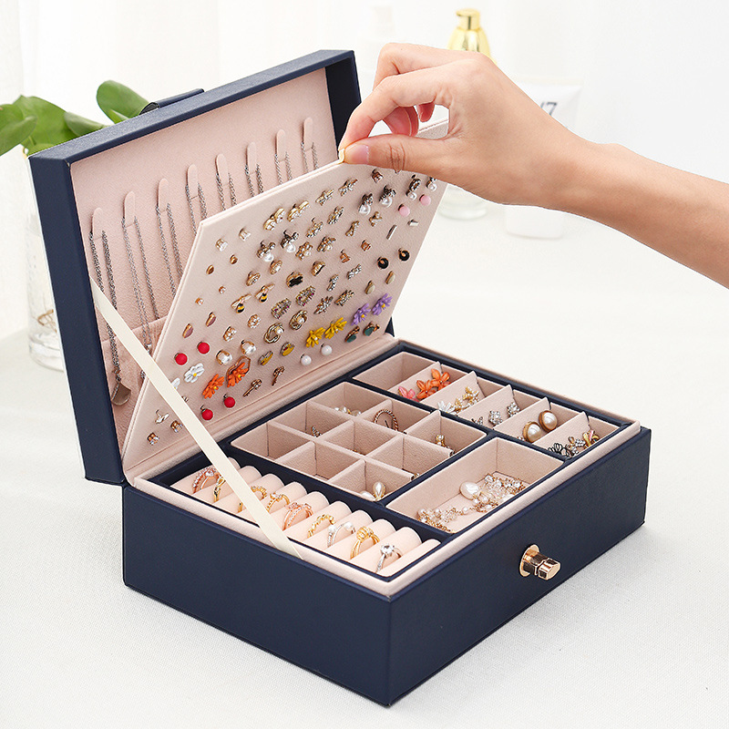 首饰盒/箱 pu首饰盒皮质双层大容量耳钉耳环戒指手表带锁戒指饰