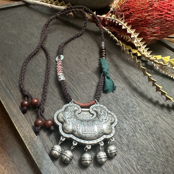 吊坠足银布艺 手工足银999龙凤呈祥银锁吊坠复古银饰