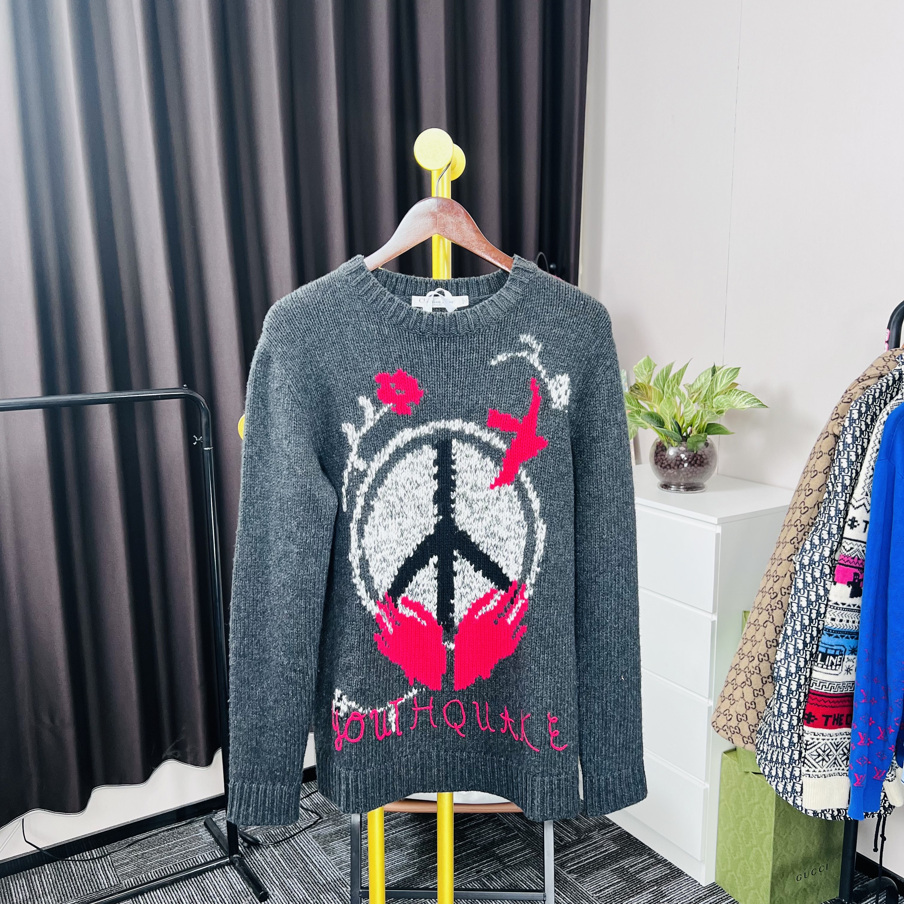 99新 DIOR/迪奥 灰色和平鸽涂鸦毛衣 36码