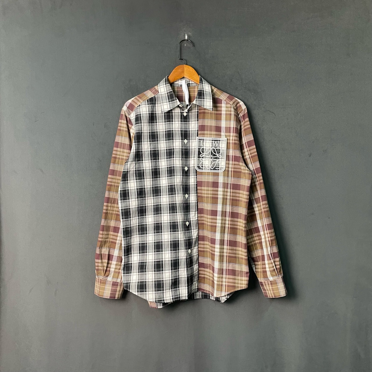 99新 LOEWE/罗意威 格纹拼接logo衬衫 38码