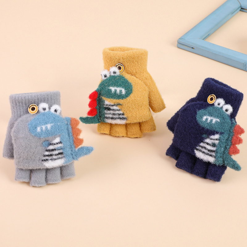 儿童冬季手套保暖可爱卡通鳄鱼露指翻盖半指毛线针织男女童学生