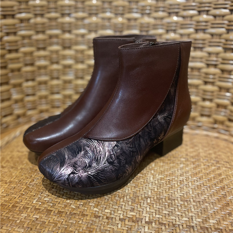 复古真皮短靴单靴牛皮秋冬女靴舒适时尚休闲粗跟百搭平底民族风