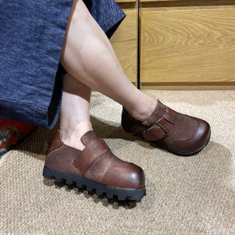 秋季新款火烧牛皮勃肯鞋平底鞋真皮复古全皮软底手工厚底休闲单鞋