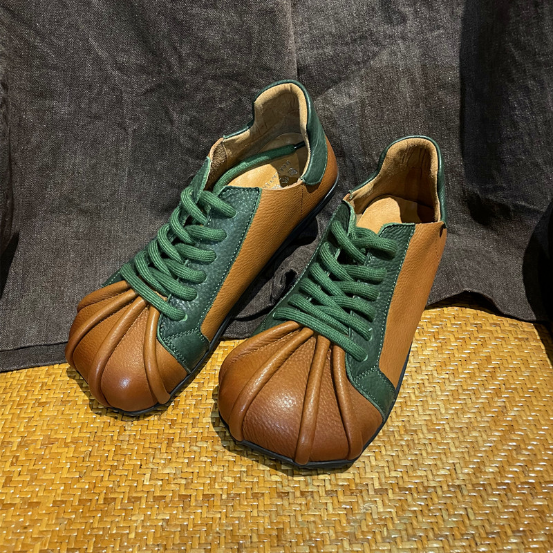 新款手工可爱丑萌女鞋单鞋板鞋真皮软底复古牛皮皮鞋时尚百搭绿色