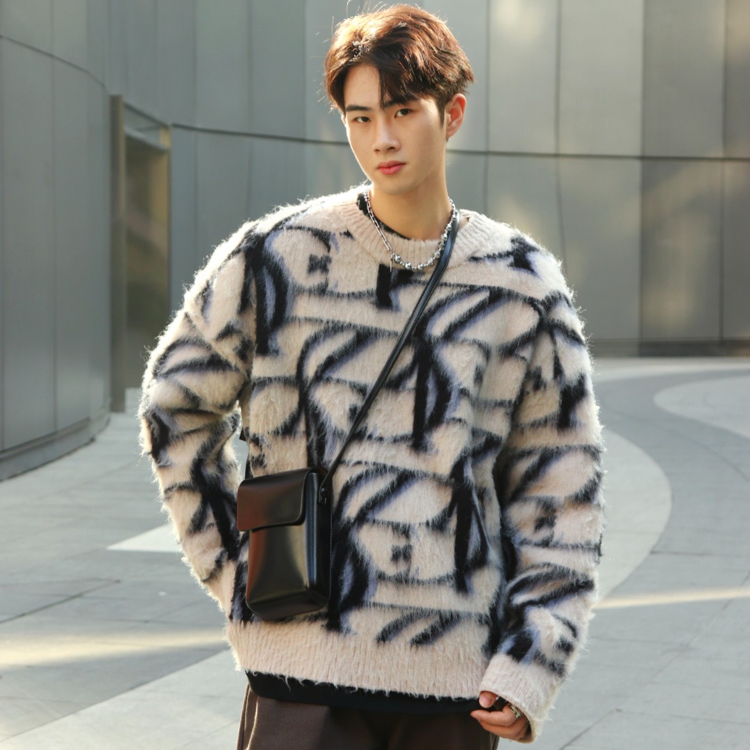 HEY 林林 0113系列 秋冬新款老花北极绒抓毛宽松面料柔软圆领毛衣