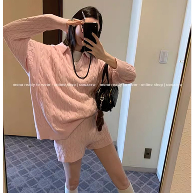 粉灰米色毛衣 中腰短裤两件针织上衣套装女 2024春季新款载