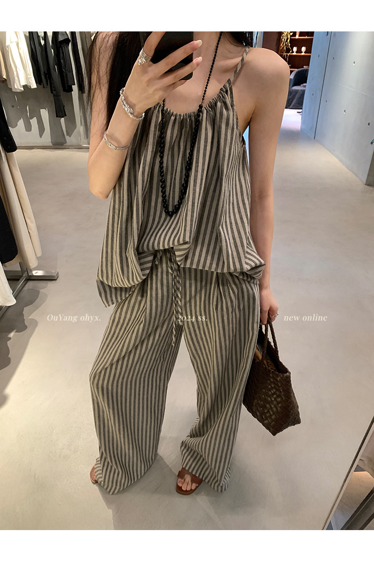 区区欧阳 条纹吊带上衣直筒阔腿长裤套装女夏季设计感小众两件套