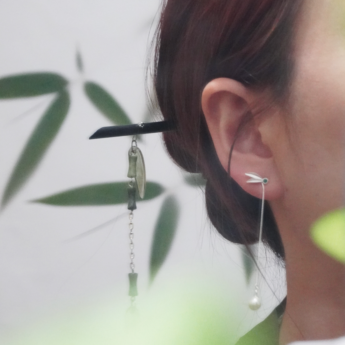 925银仿珍珠耳饰 「风摇翠竹」新中式汉服配饰长款竹子耳钉耳线