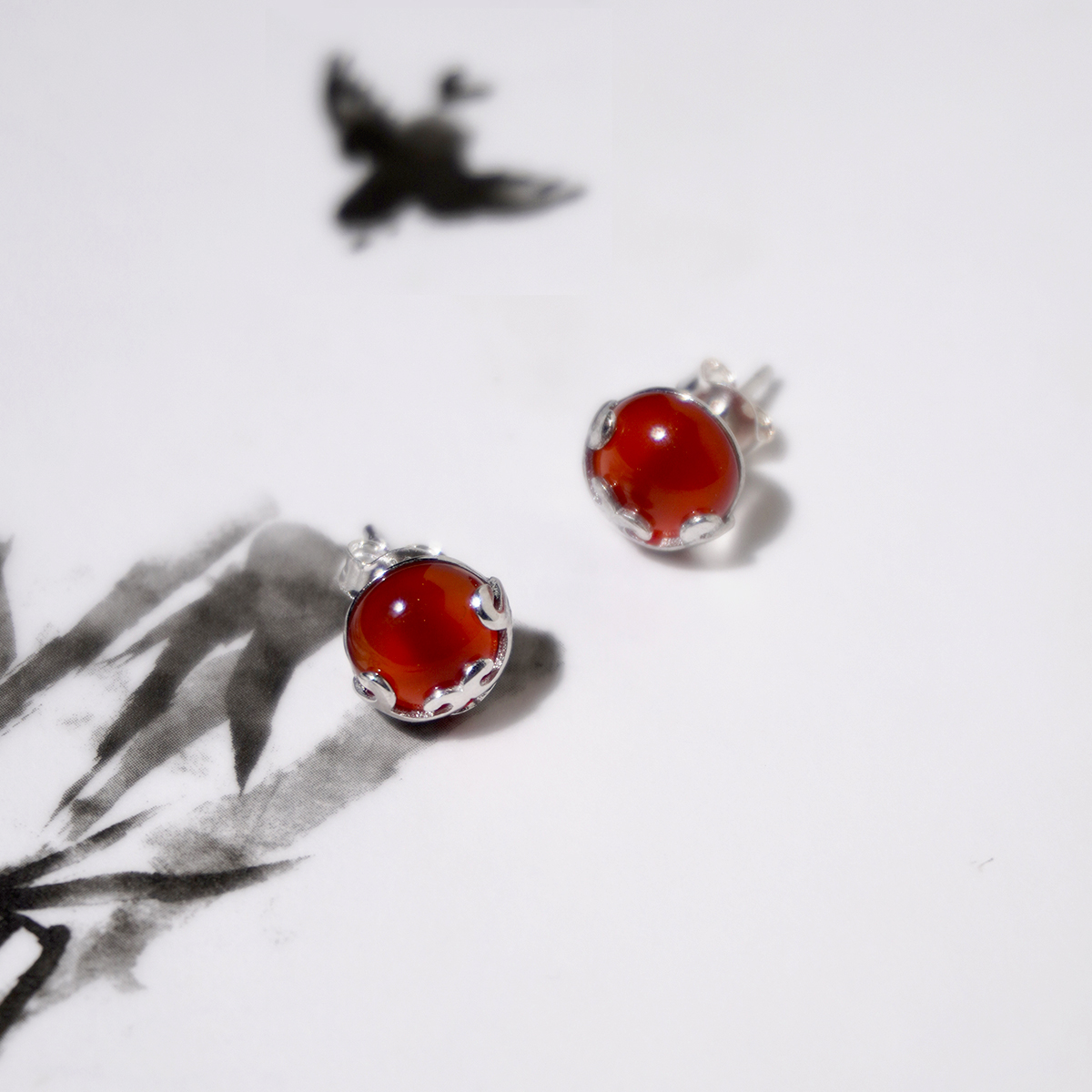 925银仿水晶耳饰 「祥云托日」复古红色镶嵌古风简约气质纯银耳钉