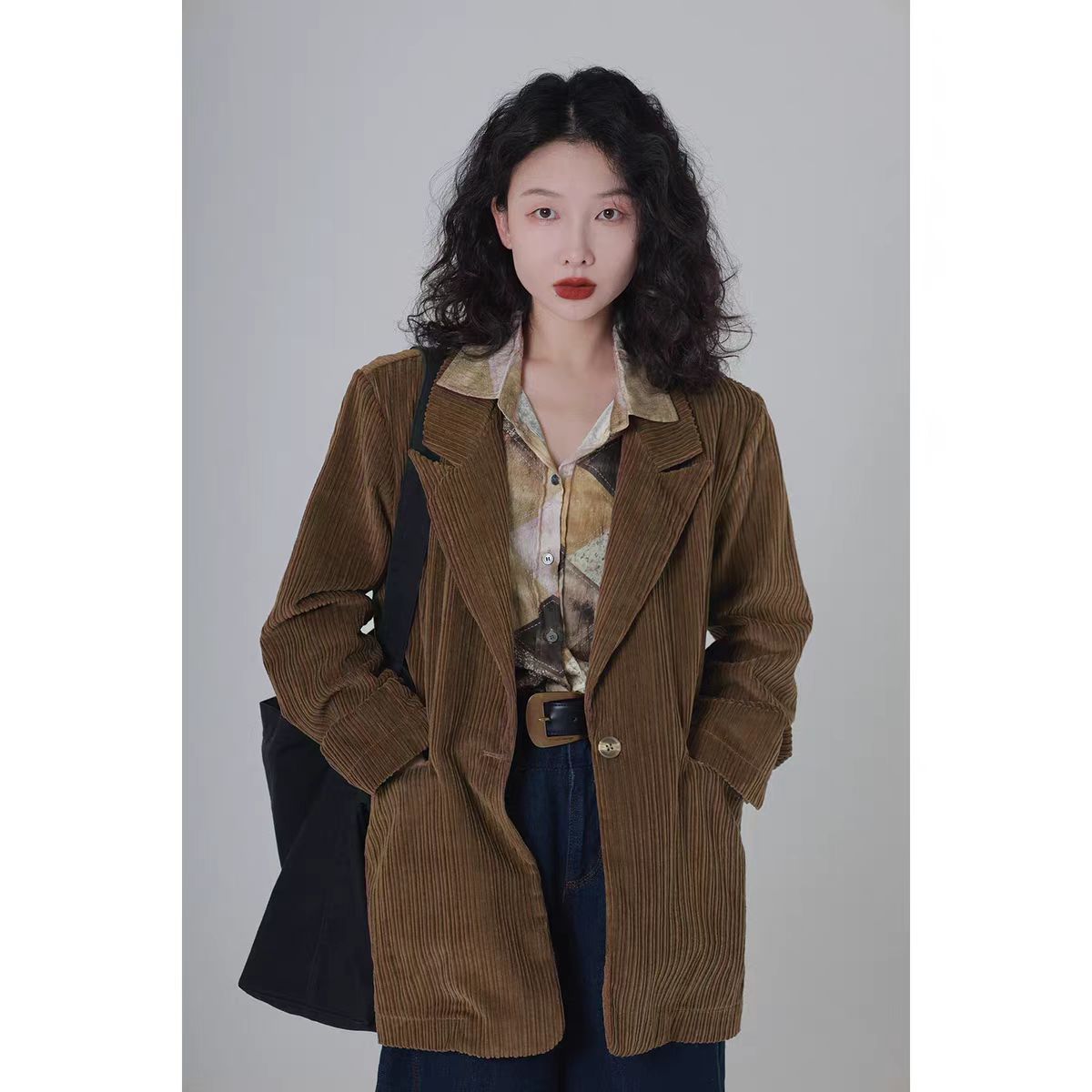 IVY YANG流浪丹宁全棉西装领坑条灯芯绒外套女秋季小众复古上衣