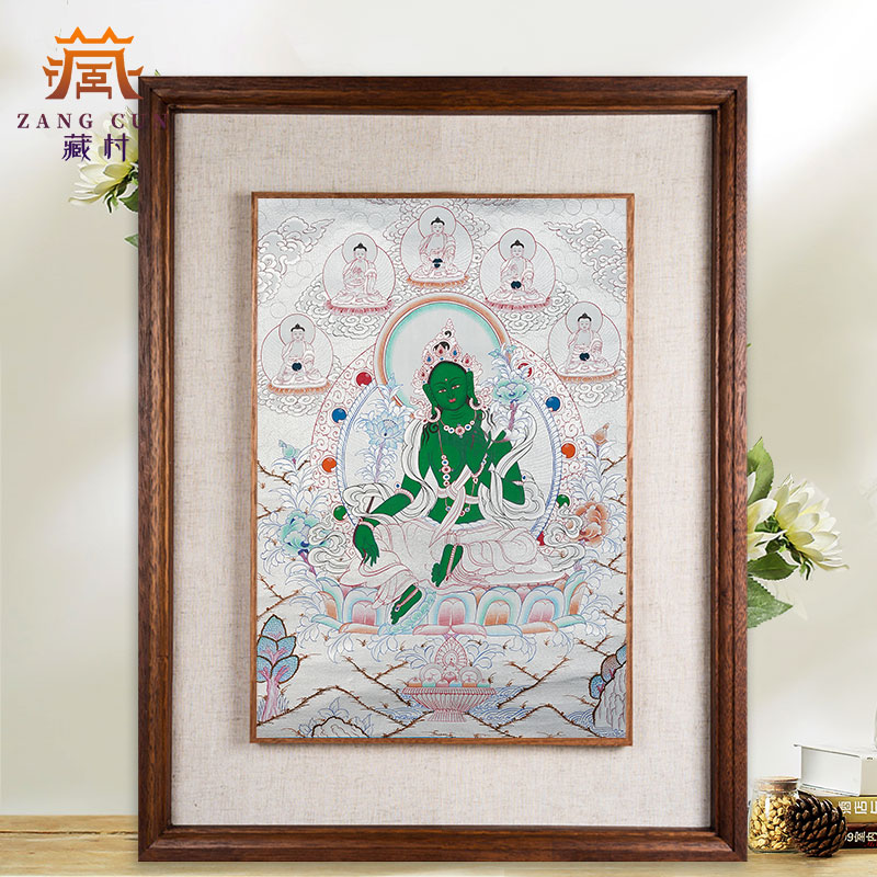 藏村《绿度母唐卡》实木装饰画银卡尼泊尔手绘唐卡藏式唐卡挂画 