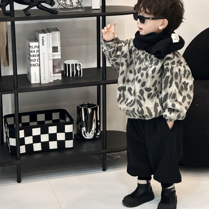 儿童秋冬加绒加厚豹纹卫衣套装2025新款男女童加绒卫衣加厚百搭裤