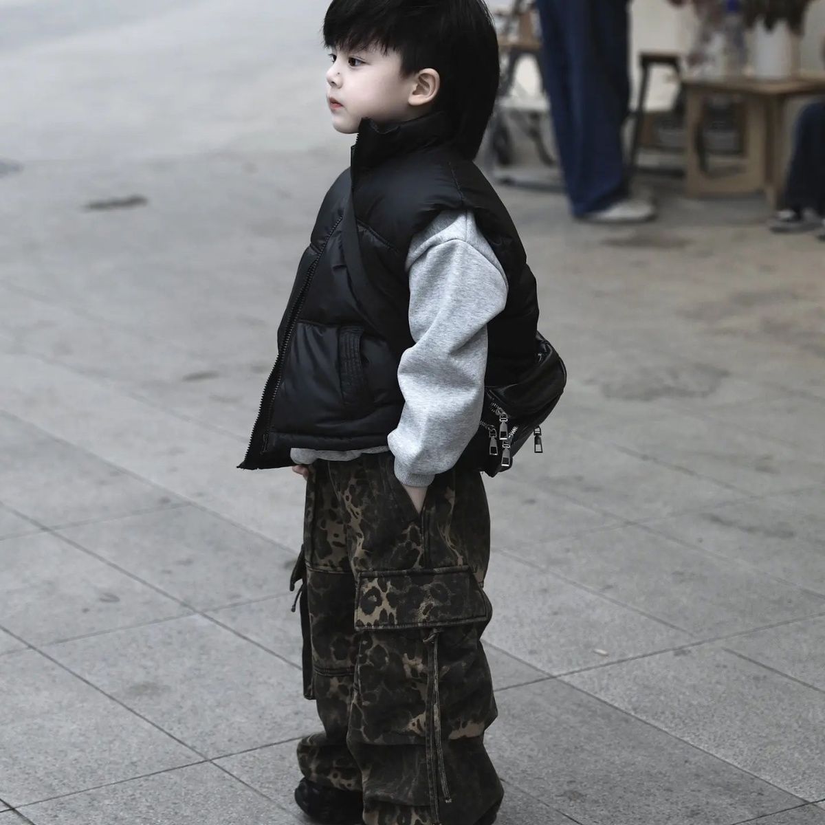 男童保暖手工棉马甲加绒豹纹裤子儿童两件套2025秋冬套装百搭加厚