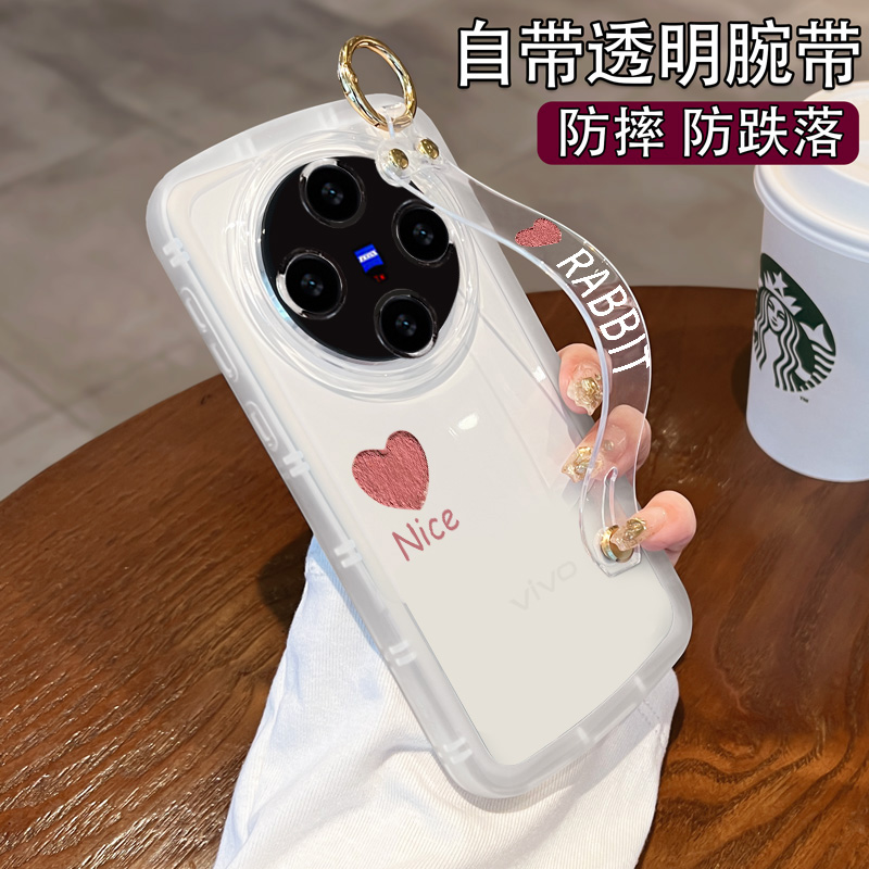 适用vivox100手机壳x100pro保护套腕带支架硅胶vivo透明粉爱心por