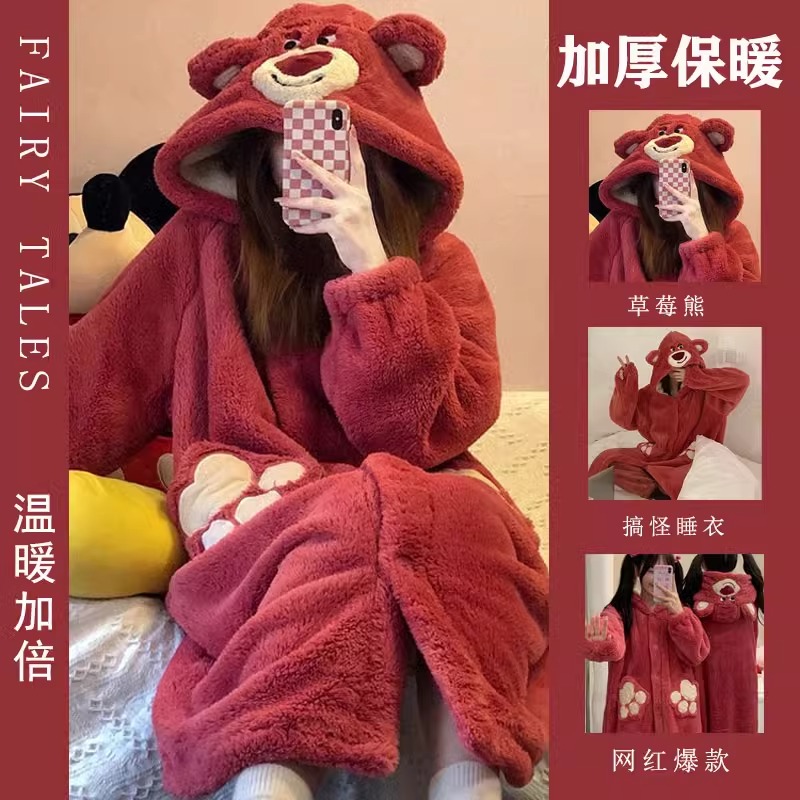 草莓熊珊瑚绒睡衣女冬季加绒加厚可爱睡袍家居服套装2025新款浴袍