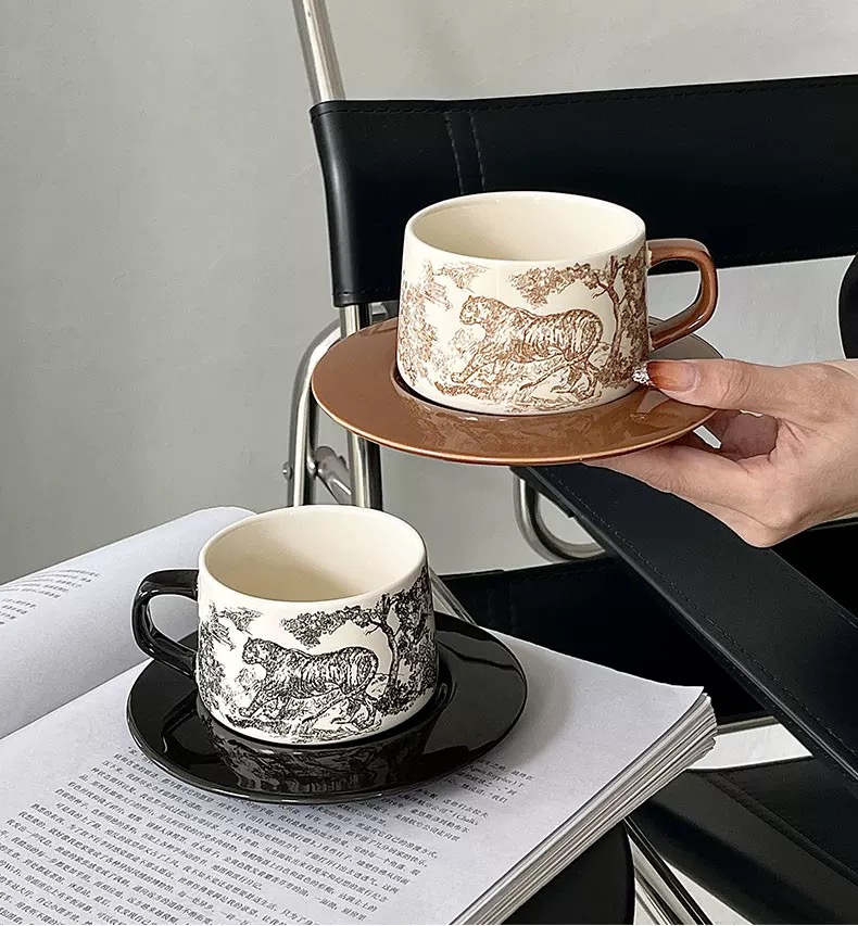 MuEn巡山野兽咖啡杯碟套装法式复古陶瓷杯子中古杯下午茶杯子隔热
