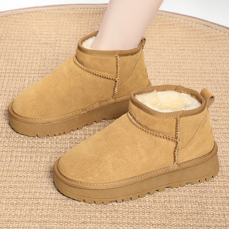 真皮秋冬雪地靴女款时尚百搭短靴加绒加厚保暖大棉鞋厚底防滑牛皮