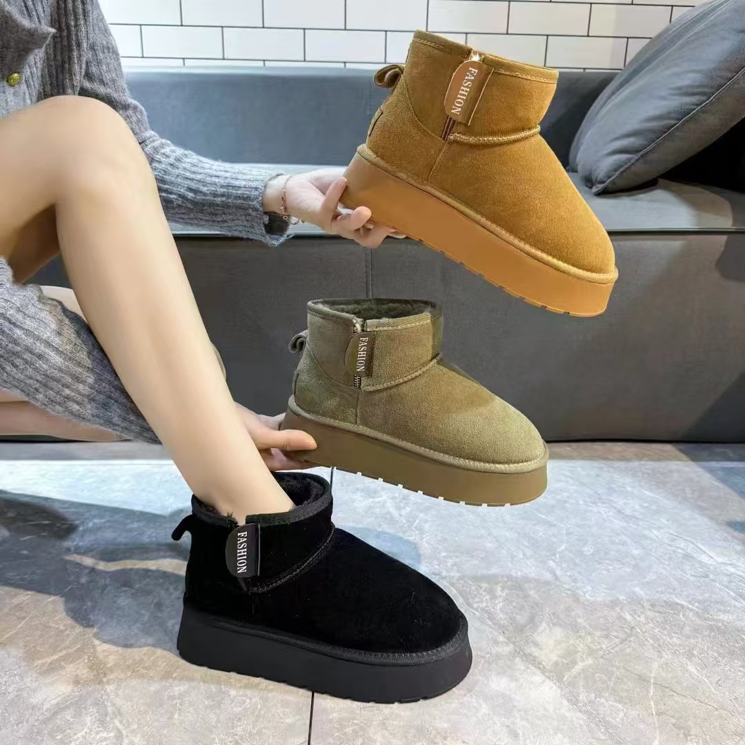 2024冬季新款真皮牛皮雪地靴女款时尚松糕底厚底加绒加厚保暖短筒