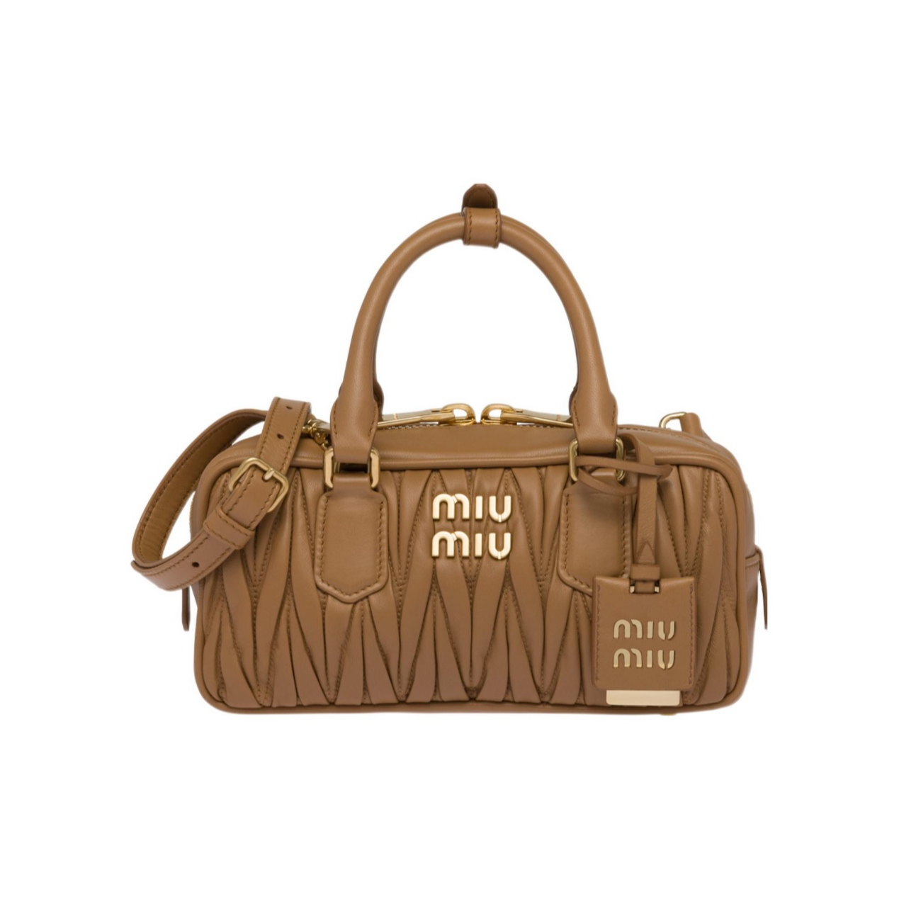 全新未使用 MIU MIU/缪缪 金属拉链开合皮革单肩手提包女款焦糖色