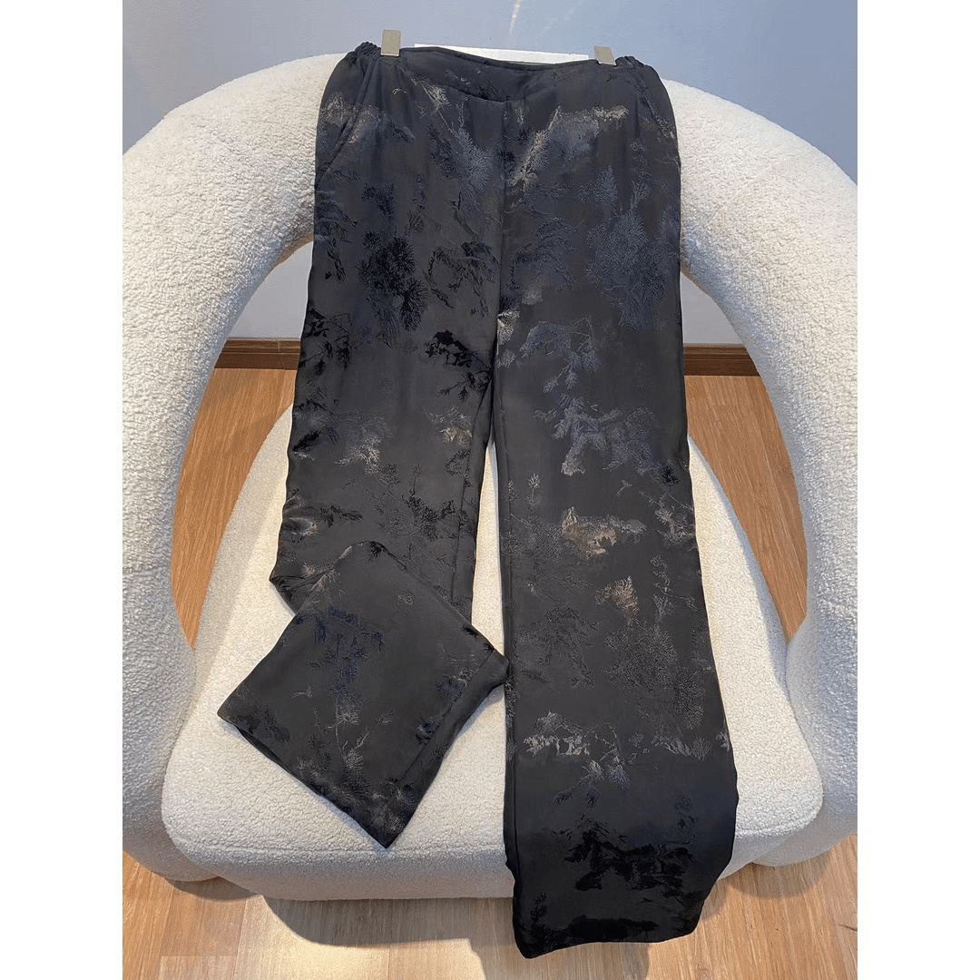 丝意竹 【22C207】提花缎面碎花直筒新中式休闲棉裤复古中国风长裤