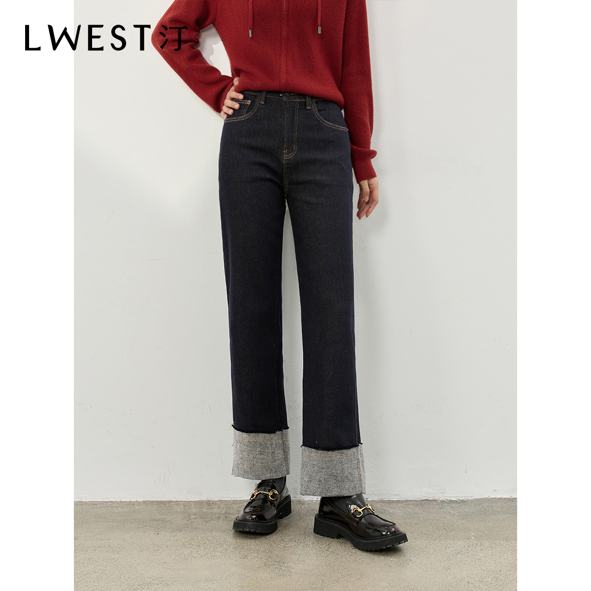 12887【备用链接】朗文斯汀高腰磨毛翻边牛仔裤DTMN4509D12887