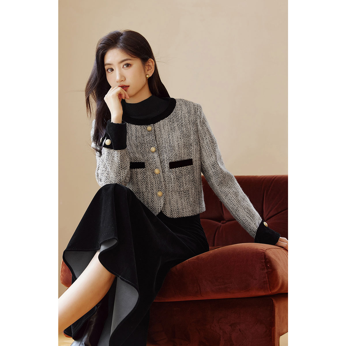 【品牌女装】朗文斯汀小香风丝绒拼接短外套DAMW3510A12211