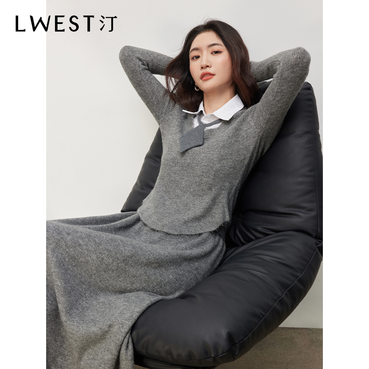 【品牌女装】朗文斯汀衬衫领针织衫半裙套装DZMG4509C12818