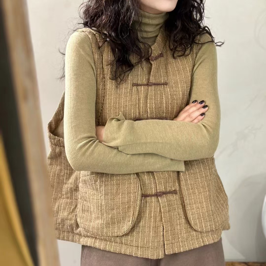 忆古衣牧了然241042高定气质复古柞蚕丝亚麻多手工盘扣马甲