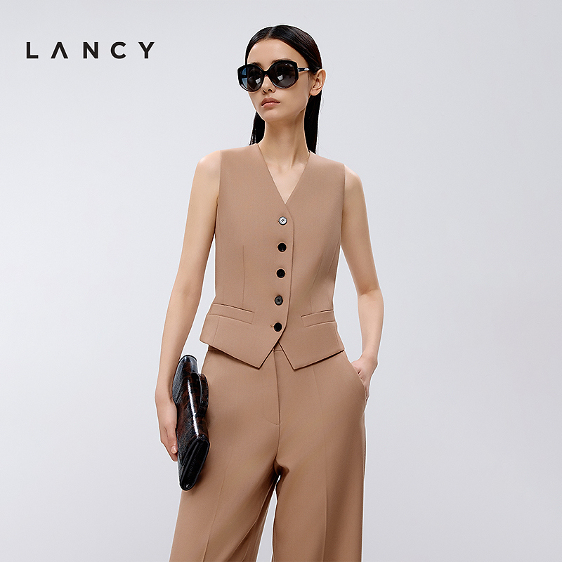 LANCY/朗姿2025年春新款气质羊毛V领西装马甲女无袖收腰短款上衣