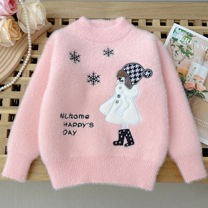 童装女童雪花女孩仿貂绒毛衣秋冬款加厚保暖宝宝针织套头打底衫