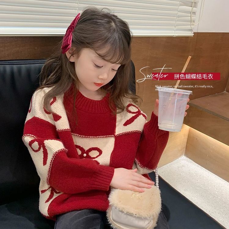 女童红色中国风洋气加厚针织衫女童蝴蝶结保暖秋冬季新款毛衣上衣