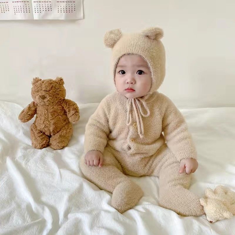婴儿衣服秋冬装连体衣男女宝宝可爱超萌水貂毛包脚哈衣外秋冬上新