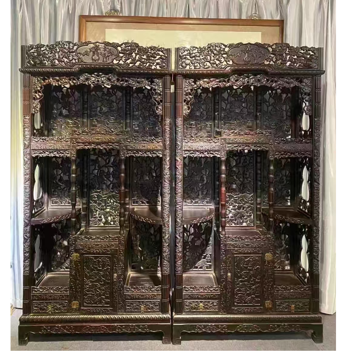 全实木古典家具多宝阁满工雕刻葫芦