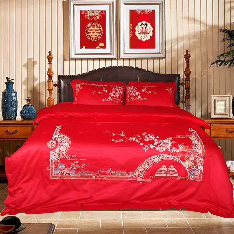 炎黄筑梦纯棉刺绣四件套大红色结婚全棉被套220*240 龙凤呈祥婚庆