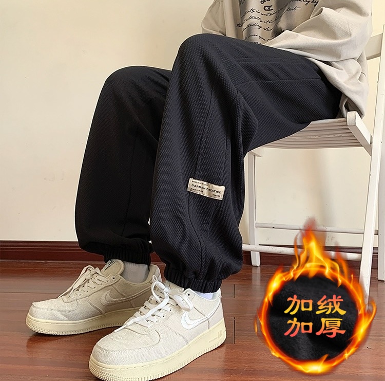 大码加绒卫裤微胖男女生秋冬款初中高中学生休闲宽松束脚运动裤子