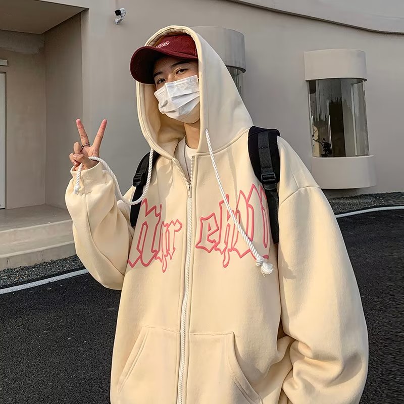 美式重磅连帽卫衣男oversize春秋季字母开衫上衣潮牌宽松情侣外套
