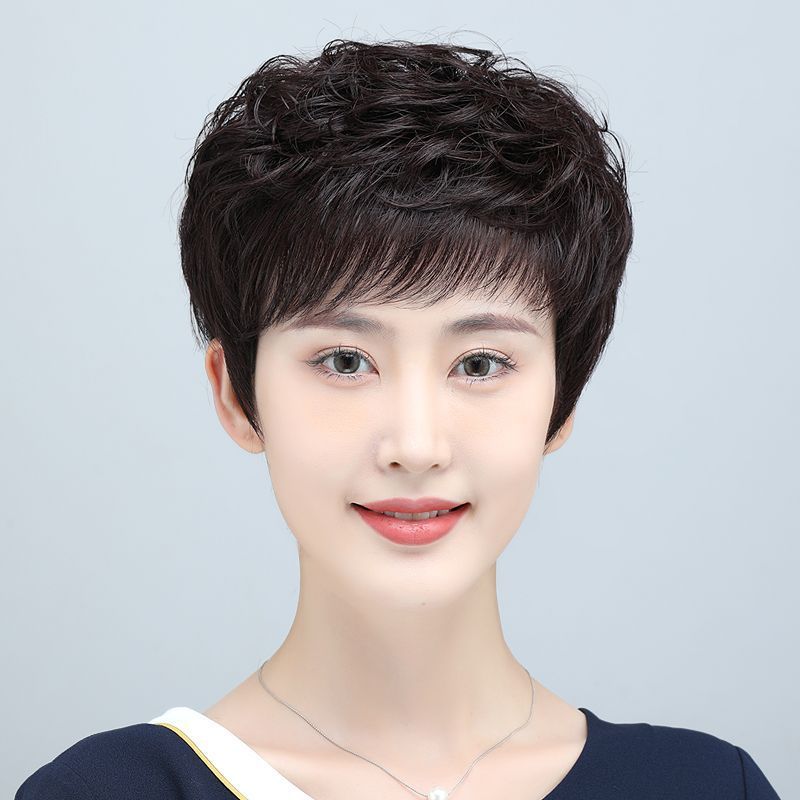 纹理款妈妈短卷发假发女短发中老年真人发丝头套全真发整顶头套