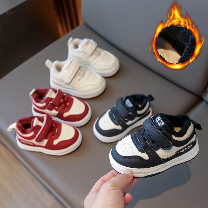 2025冬季新款婴幼儿棉鞋女宝宝学步鞋皮面加绒男童防水运动鞋