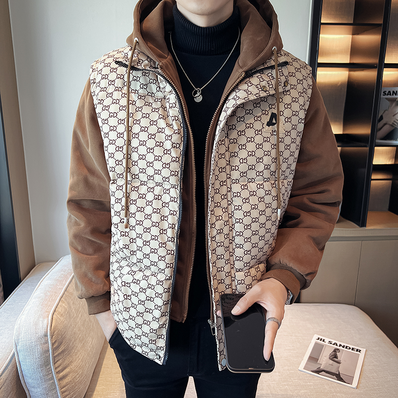 bnhx秋冬连帽假两件短款棉衣外套男2024新款痞帅个性潮流加厚棉服