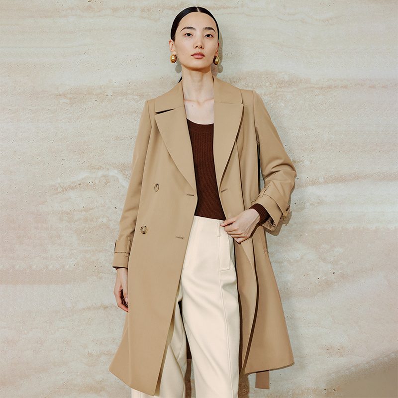 寺山文也 笃禾/羊毛精纺蟹钳领秋季小个子中长风衣外套女