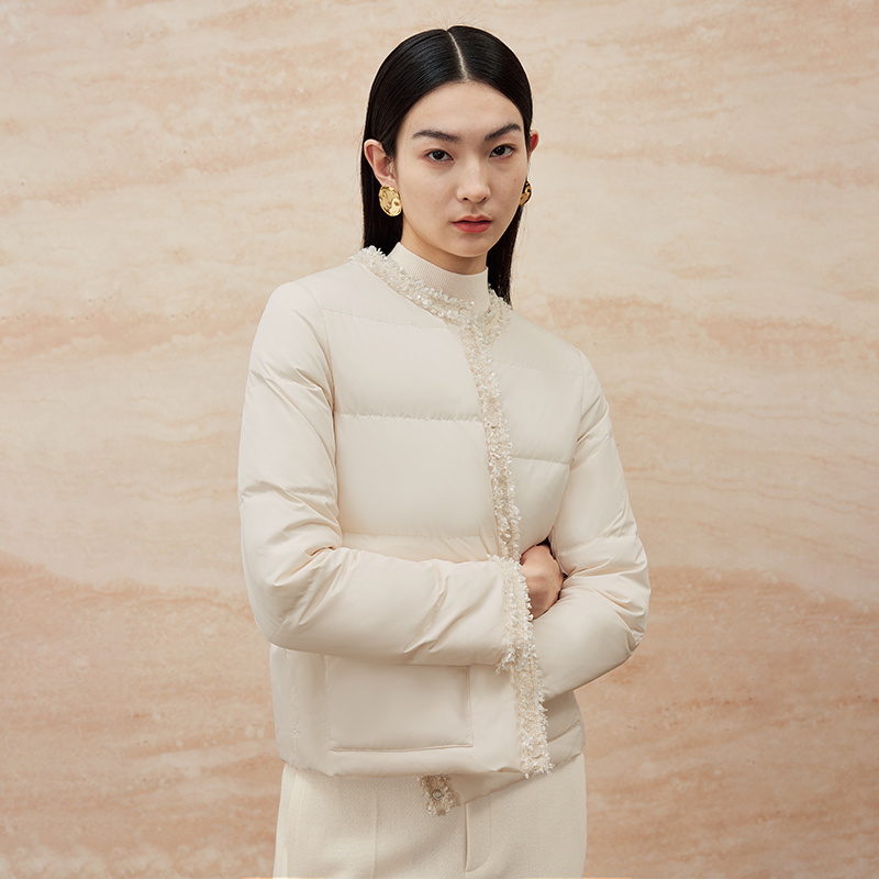 寺山文也 流羽/拼接织带95白鹅绒秋冬小香风羽绒服短外套女